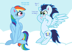 Size: 942x698 | Tagged: safe, artist:soarinrainbowdash3, imported from derpibooru, rainbow dash, soarin', cloud, female, male, shipping, sky, soarindash, straight