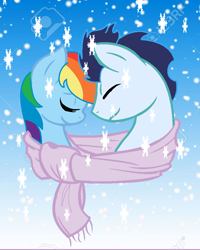 Size: 808x1008 | Tagged: safe, artist:soarinrainbowdash3, imported from derpibooru, rainbow dash, soarin', clothes, female, male, scarf, shared clothing, shared scarf, shipping, snow, soarindash, straight