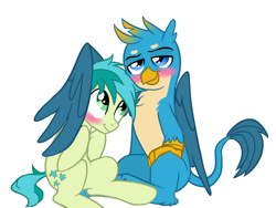 Size: 1400x1050 | Tagged: safe, artist:melonmilk, derpibooru exclusive, imported from derpibooru, gallus, sandbar, earth pony, griffon, pony, blushing, cute, gallabetes, gallbar, gay, hug, interspecies, male, sandabetes, shipping, show accurate, winghug, wings