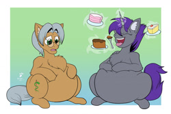 Size: 1280x857 | Tagged: safe, artist:duragan, imported from derpibooru, oc, oc only, oc:doc wagon, oc:switchblade, earth pony, pony, unicorn, belly, belly squish, bhm, big belly, bottom heavy, cake, concerned, digital art, duo, eating, eyes closed, fat, female, food, fork, glasses, happy, herbivore, hooves on belly, levitation, magic, magic aura, male, obese, open mouth, squishy, story included, telekinesis, tongue out, weight gain
