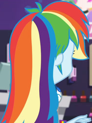 Size: 1920x2560 | Tagged: safe, imported from derpibooru, screencap, rainbow dash, equestria girls, equestria girls series, holidays unwrapped, spoiler:eqg series (season 2), breasts, clothes, cropped, cutie mark, cutie mark on clothes, dashing through the mall, faceless female, female, geode of super speed, hoodie, jewelry, magical geodes, necklace, offscreen character, solo