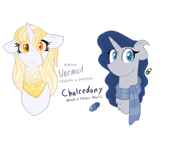 Size: 1900x1547 | Tagged: safe, artist:gallantserver, imported from derpibooru, oc, oc only, oc:chalcedony, oc:vermeil, changepony, hybrid, unicorn, clothes, female, magical lesbian spawn, mare, offspring, parent:fancypants, parent:maud pie, parent:princess celestia, parent:queen chrysalis, parents:chryslestia, scarf, simple background, transparent background