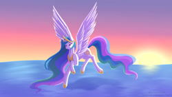 Size: 1920x1080 | Tagged: safe, artist:sunriseauburn, imported from derpibooru, princess celestia, alicorn, pony, female, flying, mare, needs more jpeg, ocean, sky, solo, spread wings, sunset, water, wings