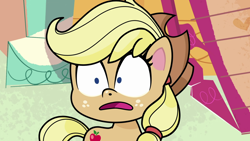 Size: 1280x720 | Tagged: safe, imported from derpibooru, screencap, applejack, earth pony, pony, how applejack got her hat back, my little pony: pony life, spoiler:pony life s01e04, applejack's hat, cowboy hat, female, g4.5, hat, open mouth, pony life, shocked, solo, sugarcube corner