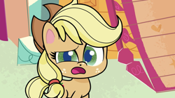 Size: 1280x720 | Tagged: safe, imported from derpibooru, screencap, applejack, earth pony, pony, how applejack got her hat back, my little pony: pony life, spoiler:pony life s01e04, applejack's hat, breaking the fourth wall, cowboy hat, cute, female, g4.5, hat, jackabetes, looking at you, open mouth, pony life, solo, sugarcube corner