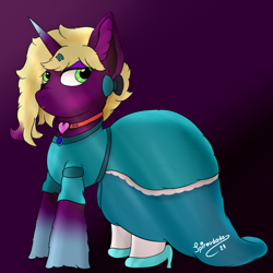 Size: 1000x1000 | Tagged: safe, artist:spiroudada, imported from derpibooru, oc, oc:velvet sky, unicorn, blue dress, bowtie, choker, clothes, crossdressing, cute, dress, male, princess, stallion