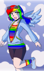 Size: 930x1500 | Tagged: safe, artist:dawnrie, imported from derpibooru, rainbow dash, human, clothes, colored pupils, cosplay, costume, female, goggles, not rainbow dash, open mouth, rainbow socks, socks, solo, striped socks, sweatshirt, wings