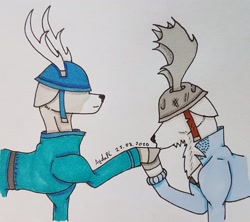 Size: 2226x1974 | Tagged: safe, artist:agdapl, imported from derpibooru, deer, moose, antlers, clothes, crossover, deerified, duo, helmet, hoof kissing, male, raised hoof, signature, soldier, species swap, team fortress 2, traditional art