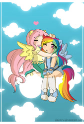 Size: 677x1000 | Tagged: safe, artist:dawnrie, imported from derpibooru, fluttershy, rainbow dash, human, chibi, clothes, cloud, converse, eared humanization, eye clipping through hair, eyes closed, female, fingerless gloves, floating heart, flutterdash, gloves, hand on head, heart, hug, humanized, lesbian, lesbian dash, lesbian fluttershy, on a cloud, one eye closed, sandals, shipping, shoes, sitting, sitting on a cloud, sitting on cloud, sky background, socks, winged humanization, wings