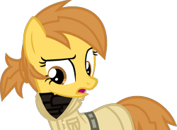 Size: 958x704 | Tagged: safe, artist:kingbases, artist:pegasski, imported from derpibooru, oc, oc only, oc:anna autumn, earth pony, pony, fallout equestria, base used, clothes, earth pony oc, enclave, eyelashes, female, mare, open mouth, simple background, solo, transparent background