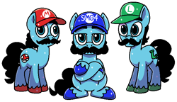 Size: 668x386 | Tagged: safe, artist:vgc2001, idw, imported from derpibooru, crystal pony, pony, friends forever, spoiler:comic, spoiler:comicff4, cap, crossed arms, derp, hat, luigi, luigi's hat, male, mario, mario's hat, mushroom, pipe, pipe (plumbing), ponified, smg4, stallion, super mario bros., super mushroom, trio