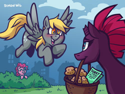 Size: 1024x768 | Tagged: safe, artist:simondrawsstuff, imported from derpibooru, derpy hooves, pinkie pie, tempest shadow, earth pony, pegasus, pony, unicorn, apology, basket, blushing, broken horn, cute, derpy's sacrifice, female, food, horn, mare, mouth hold, muffin