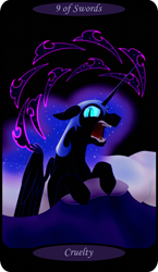 Size: 1500x2591 | Tagged: safe, artist:sixes&sevens, imported from derpibooru, part of a set, nightmare moon, tantabus, alicorn, pony, angry, bed, female, glowing eyes, glowing mane, minor arcana, nine of swords, open mouth, pillow, sitting up, solo, tarot card
