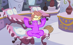 Size: 1280x793 | Tagged: safe, artist:indenial394, imported from derpibooru, oc, oc:maverickflow, crossed legs, latex, latex suit, massage table, meditating, meditation, peace suit, peace symbol, pillow, ponyville spa, rubber, rubber suit, spa, towel