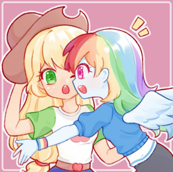 Size: 1079x1075 | Tagged: safe, artist:草莓三色团, imported from derpibooru, applejack, rainbow dash, equestria girls, equestria girls series, appledash, blushing, clothes, cute, dashabetes, female, hat, jackabetes, lesbian, lesbian applejack, lesbian dash, shipping, smiling, wings