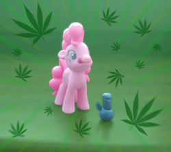 Size: 3120x2785 | Tagged: safe, artist:assertiveshypony, imported from derpibooru, pinkie pie, earth pony, pony, 420, bong, drugs, edited photo, figurine, high, high res, licking, licking lips, marijuana, photo, red eyes, solo, stoned, tongue out