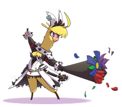 Size: 1413x1245 | Tagged: safe, artist:hitsuji, imported from derpibooru, paprika paca, alpaca, them's fightin' herds, bouquet, clothes, community related, cosplay, costume, dress, elphelt valentine, flower, guilty gear, paprika (tfh), petals, simple background, solo, transparent background