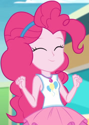 Size: 1920x2691 | Tagged: safe, imported from derpibooru, screencap, pinkie pie, equestria girls, equestria girls series, rollercoaster of friendship, ^^, clothes, cropped, cute, diapinkes, equestria land, eyes closed, female, geode of sugar bombs, jewelry, magical geodes, necklace, rah rah skirt, skirt, smiling, solo, tanktop