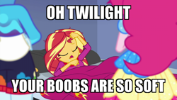 Size: 800x450 | Tagged: safe, edit, edited screencap, imported from derpibooru, screencap, pinkie pie, rainbow dash, sunset shimmer, equestria girls, equestria girls series, wake up!, spoiler:eqg series (season 2), caption, image macro, implied lesbian, implied sci-twi, implied scitwishimmer, implied shipping, text