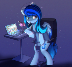 Size: 1400x1300 | Tagged: safe, artist:freak-side, imported from derpibooru, oc, oc only, pegasus, pony, chair, commission, computer, food, ice cream, laptop computer, solo, ych result