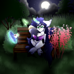 Size: 1500x1500 | Tagged: safe, artist:glotasha, imported from derpibooru, oc, oc only, pony, unicorn, art, bench, commission, female, illustration, magic, moon, my little pony, pony oc, solo, tree