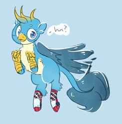 Size: 799x815 | Tagged: safe, artist:archego-art, artist:tilling-tan, imported from derpibooru, gallus, griffon, blue background, clothes, drawthread, female, gallina, requested art, rule 63, simple background, socks, solo