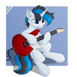 Size: 1024x1024 | Tagged: safe, artist:d.w.h.cn, imported from derpibooru, oc, oc only, oc:solar gizmo, pony, unicorn, electric guitar, guitar, musical instrument, palindrome get, solo