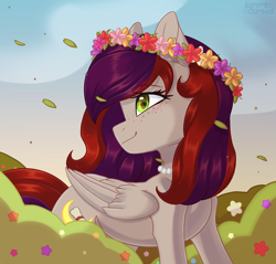 Size: 1882x1799 | Tagged: safe, artist:auroracursed, imported from derpibooru, oc, oc only, oc:evening prose, pegasus, pony, female, floral head wreath, flower, freckles, jewelry, mare, necklace, pearl necklace, solo