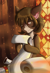 Size: 1478x2142 | Tagged: safe, artist:yuris, imported from derpibooru, oc, oc only, pony, brown mane, female, frown, light, paper, red eyes, scroll, solo