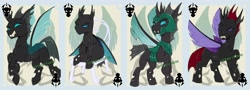 Size: 2880x1038 | Tagged: safe, artist:bluekite-falls, artist:sky-railroad, imported from derpibooru, pharynx, thorax, changeling, pony, card game, changeling officer, green changeling, kevin, ornately armored changeling, prance card game, purple changeling, unnamed character, watermark