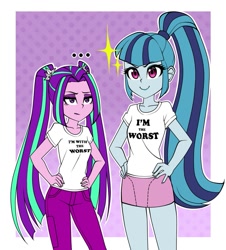 Size: 1086x1200 | Tagged: safe, artist:nekojackun, imported from derpibooru, aria blaze, sonata dusk, equestria girls, aria flat, clothes, cute, delicious flat chest, female, hand on hip, hands on hip, i'm with stupid, jeans, pants, pigtails, ponytail, shirt, skirt, smiling, sonatabetes, t-shirt, twintails
