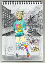 Size: 1909x2647 | Tagged: safe, artist:7yashka7, imported from derpibooru, fluttershy, human, pony, choker, clothes, female, high res, hoodie, outdoors, ponirebrik, ponytail, russia, saint petersburg, shorts, stockings, striped stockings, thigh highs, traditional art