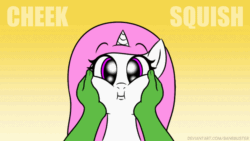 Size: 1200x675 | Tagged: safe, artist:banebuster, imported from derpibooru, princess celestia, oc, oc:anon, alicorn, human, pony, series:tiny tia, animated, cewestia, cheek squish, cute, cutelestia, female, filly, gif, hand, human oc, male, male pov, offscreen character, offscreen male, pink-mane celestia, pov, squishy cheeks, younger