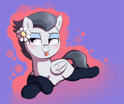 Size: 2427x2043 | Tagged: safe, artist:heretichesh, imported from derpibooru, rumble, pegasus, pony, blushing, clothes, colt, crossdressing, crossed legs, flower, flower in hair, girly, high res, lying down, makeup, male, mlem, silly, smug, socks, solo, tongue out