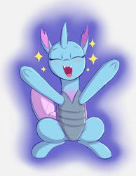 Size: 2332x3000 | Tagged: safe, artist:heretichesh, imported from derpibooru, oc, oc only, oc:anisoptera, changedling, changeling, blushing, cute, female, frog (hoof), happy, high res, not ocellus, open mouth, sitting, solo, sparkles, underhoof