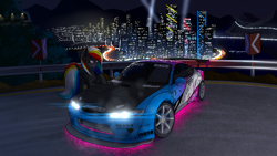 Size: 2560x1440 | Tagged: safe, artist:darky_wings, imported from derpibooru, oc, oc only, oc:darky wings, pegasus, pony, car, city, female, lights, neon, night, night city, nissan silvia, pony oc, tires, underglow