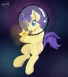 Size: 1247x1416 | Tagged: safe, artist:lechu-zaz, imported from derpibooru, star dancer, earth pony, pony, abstract background, female, hairpin, mare, simple background, solo, space, space helmet, star dancer appreciation collab, stars