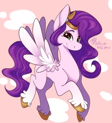 Size: 1529x1676 | Tagged: safe, artist:elcy_bellcup, imported from derpibooru, pipp petals, pegasus, pony, abstract background, adorapipp, cute, female, g5, hoof fluff, looking at you, mare, raised hoof, signature, smiling, solo, spread wings, unshorn fetlocks, wings