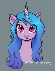 Size: 1244x1611 | Tagged: safe, artist:aanotherpony, imported from derpibooru, izzy moonbow, pony, unicorn, bust, eye clipping through hair, female, g5, gray background, looking at you, mare, portrait, signature, simple background, solo