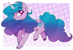 Size: 1708x1171 | Tagged: safe, artist:aferalsunflower, artist:vivian reed, imported from derpibooru, izzy moonbow, pony, unicorn, abstract background, bracelet, cute, female, g5, heart, izzybetes, jewelry, looking at you, mare, raised hoof, solo, unshorn fetlocks