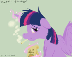 Size: 1024x805 | Tagged: safe, artist:rockhoppr3, imported from derpibooru, twilight sparkle, alicorn, pony, 420, drug use, drugs, high, highlight sparkle, joint, looking at you, magic, magic aura, marijuana, messy mane, paper bag, red eyes, solo, spread wings, stoned, twilight sparkle (alicorn), wings