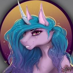 Size: 1024x1024 | Tagged: safe, artist:martazap3, imported from derpibooru, izzy moonbow, earth pony, pony, unicorn, abstract background, art, bust, cheek fluff, chest fluff, cutie mark, ear fluff, eyelashes, female, g5, gradient mane, grin, head only, heart, horn, looking at you, mare, mlp g5, my little pony, portrait, shoulder fluff, smiling, solo