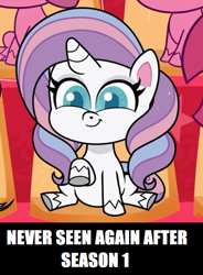 Size: 536x730 | Tagged: safe, edit, imported from derpibooru, screencap, potion nova, pony, unicorn, my little pony: pony life, caption, cropped, cute, female, g4.5, image macro, impact font, mare, novabetes, pony life, sitting, smiling, text, the great collide