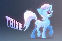 Size: 7208x4848 | Tagged: safe, artist:xbi, imported from derpibooru, trixie, pony, unicorn, absurd resolution, chest fluff, cute, diatrixes, female, gradient background, mare, side view, smiling, solo, text, walking