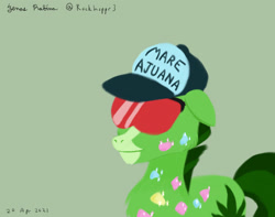 Size: 1024x805 | Tagged: safe, artist:rockhoppr3, imported from derpibooru, earth pony, horse, pony, 420, drugs, floppy ears, hat, helluva boss, mare ajuana, marijuana, mlp style, reference, reference to another series, solo, sunglasses