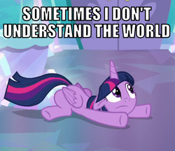 Size: 520x450 | Tagged: safe, edit, edited screencap, editor:twi clown, imported from derpibooru, screencap, twilight sparkle, alicorn, pony, the crystalling, caption, cropped, female, image macro, mare, on floor, solo, text, twilight sparkle (alicorn)