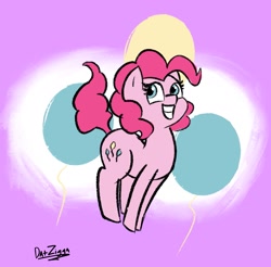 Size: 1827x1796 | Tagged: safe, artist:datzigga, imported from derpibooru, pinkie pie, earth pony, pony, balloon, cute, cutie mark background, diapinkes, pronking, smiling, solo