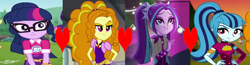 Size: 9000x2355 | Tagged: safe, edit, edited screencap, imported from derpibooru, screencap, adagio dazzle, aria blaze, sci-twi, sonata dusk, twilight sparkle, equestria girls, equestria girls series, find the magic, rainbow rocks, sunset's backstage pass!, spoiler:eqg series (season 2), heart, polyamory, polygamy, shipping, shipping domino