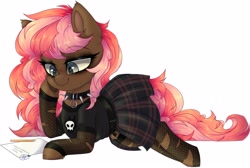 Size: 3893x2613 | Tagged: safe, artist:_spacemonkeyz_, imported from derpibooru, oc, oc:scarlet trace (coffee bean), earth pony, clothes, collar, female, fishnets, flower, goth, mare, paper, pencil, shirt, skirt, solo
