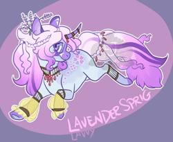 Size: 1100x900 | Tagged: safe, artist:lavvythejackalope, imported from derpibooru, oc, oc only, pony, unicorn, abstract background, base used, colored hooves, curved horn, horn, horn jewelry, jewelry, looking back, smiling, solo, unicorn oc
